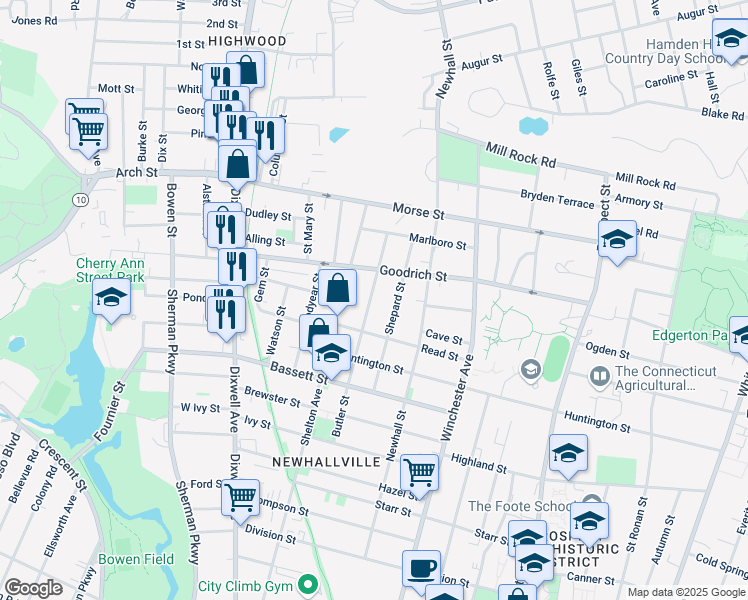 map of restaurants, bars, coffee shops, grocery stores, and more near 92 Shepard Street in New Haven