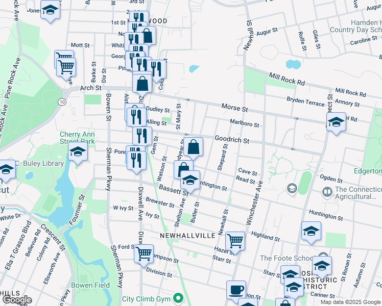 map of restaurants, bars, coffee shops, grocery stores, and more near 89 Goodyear Street in New Haven