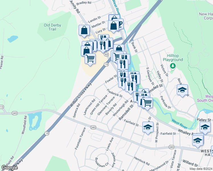 map of restaurants, bars, coffee shops, grocery stores, and more near 99 Frederick Street in New Haven