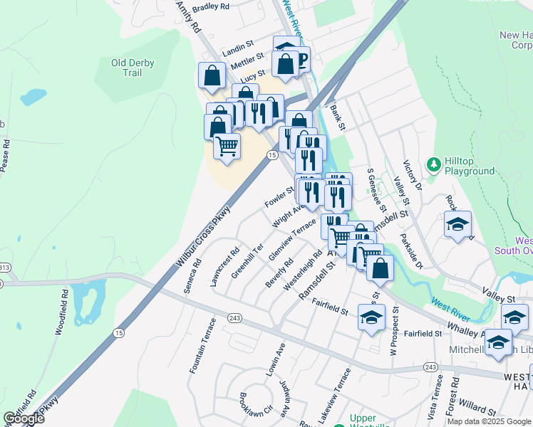 map of restaurants, bars, coffee shops, grocery stores, and more near 99 Frederick Street in New Haven