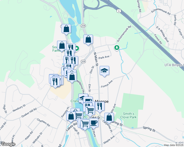 map of restaurants, bars, coffee shops, grocery stores, and more near 240 Elm Street in Monroe
