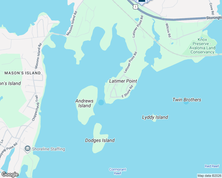 map of restaurants, bars, coffee shops, grocery stores, and more near 138 Latimer Point Road in Stonington