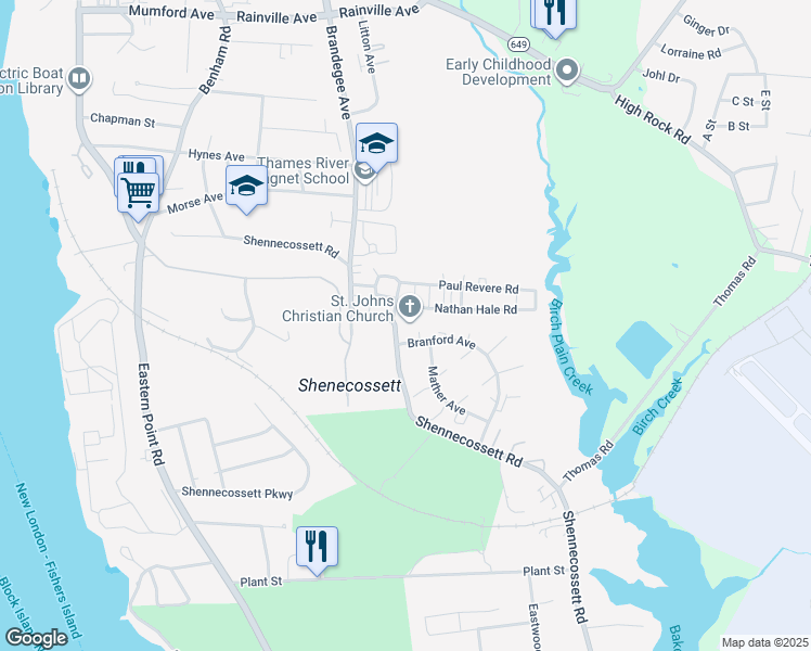 map of restaurants, bars, coffee shops, grocery stores, and more near 346 Shennecossett Road in Groton