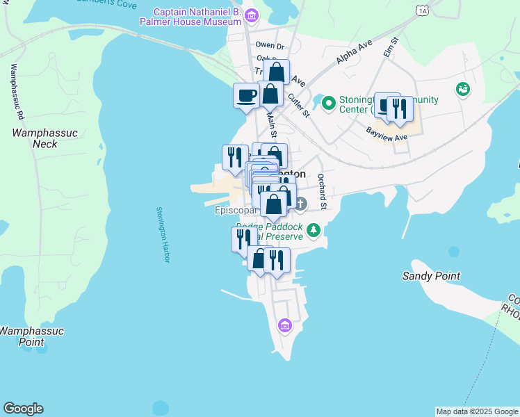 map of restaurants, bars, coffee shops, grocery stores, and more near 112 Water Street in Stonington