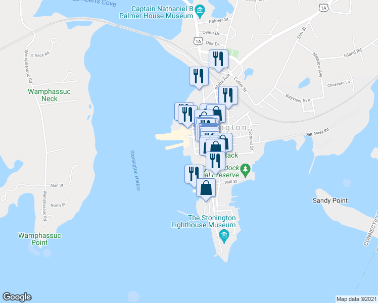 map of restaurants, bars, coffee shops, grocery stores, and more near 9 Northwest Street in Stonington