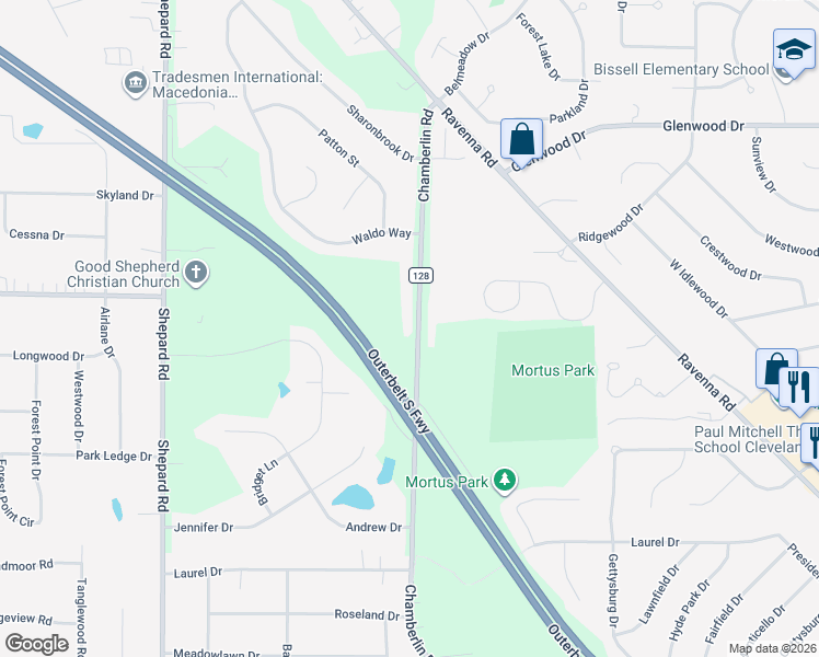 map of restaurants, bars, coffee shops, grocery stores, and more near 9802 Chamberlin Road in Twinsburg