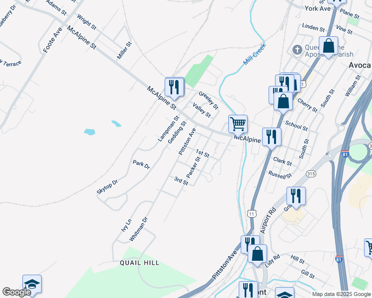map of restaurants, bars, coffee shops, grocery stores, and more near 315 Pittston Avenue in Avoca