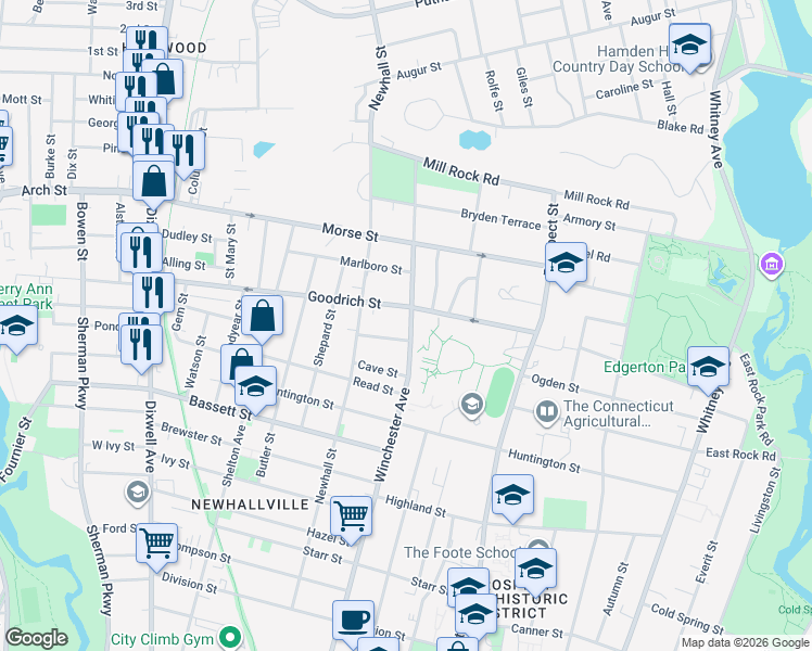 map of restaurants, bars, coffee shops, grocery stores, and more near 15 Lander Street in New Haven
