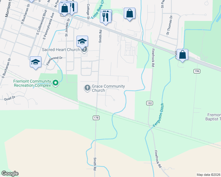 map of restaurants, bars, coffee shops, grocery stores, and more near 108 Kaylee Drive in Fremont