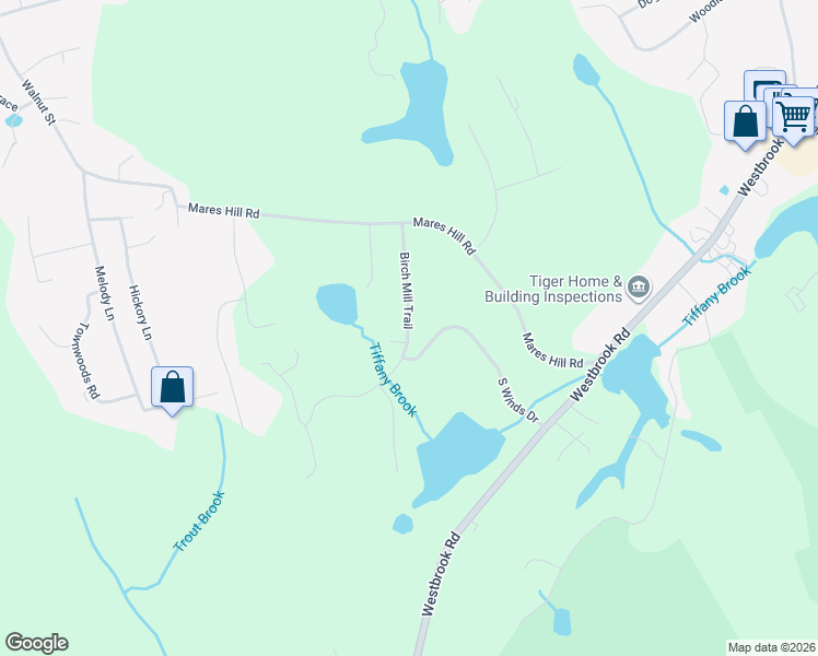 map of restaurants, bars, coffee shops, grocery stores, and more near Birch Mill Trail in Essex