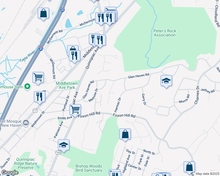 map of restaurants, bars, coffee shops, grocery stores, and more near 44 Oak Ridge Drive in New Haven