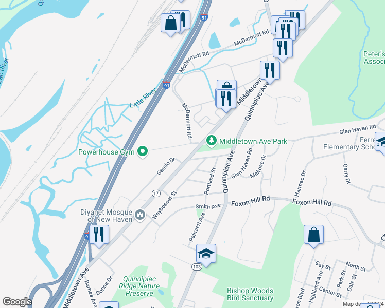 map of restaurants, bars, coffee shops, grocery stores, and more near 35 Westminster Street in New Haven