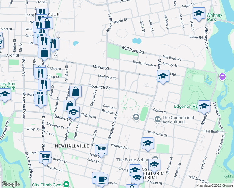 map of restaurants, bars, coffee shops, grocery stores, and more near 15 Lander Street in New Haven