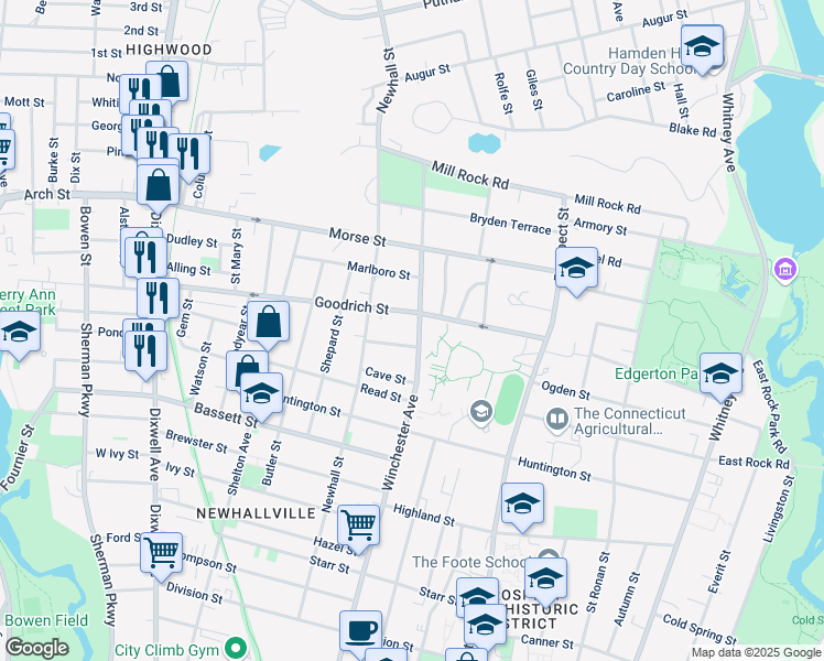 map of restaurants, bars, coffee shops, grocery stores, and more near 15 Lander Street in New Haven