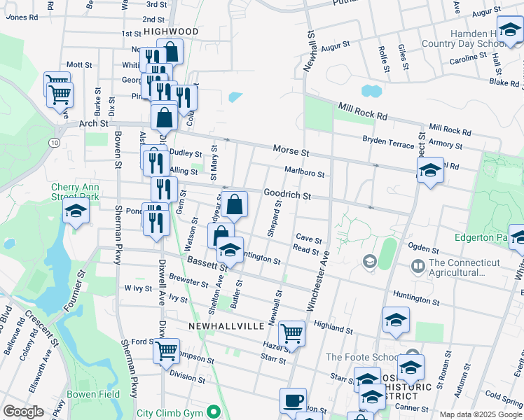 map of restaurants, bars, coffee shops, grocery stores, and more near 92 Shepard Street in New Haven