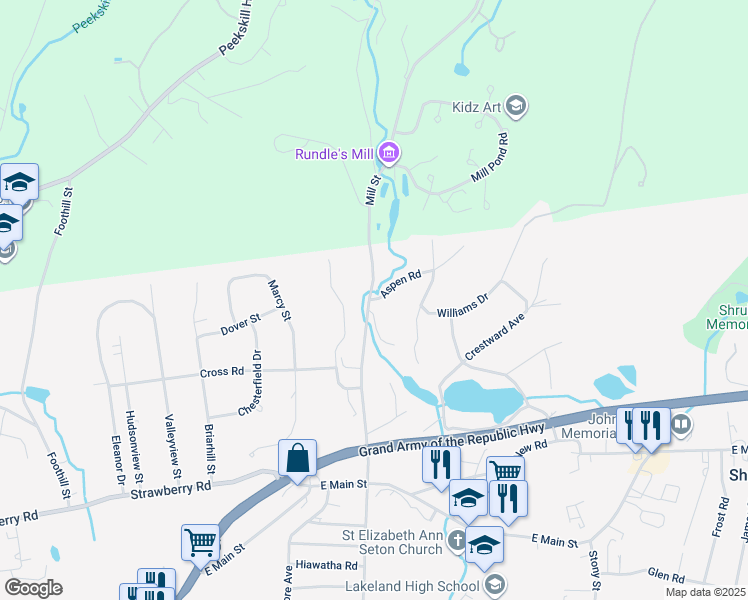 map of restaurants, bars, coffee shops, grocery stores, and more near 1365 Aspen Road in Shrub Oak