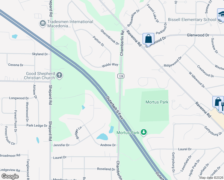 map of restaurants, bars, coffee shops, grocery stores, and more near 9802 Chamberlin Road in Twinsburg