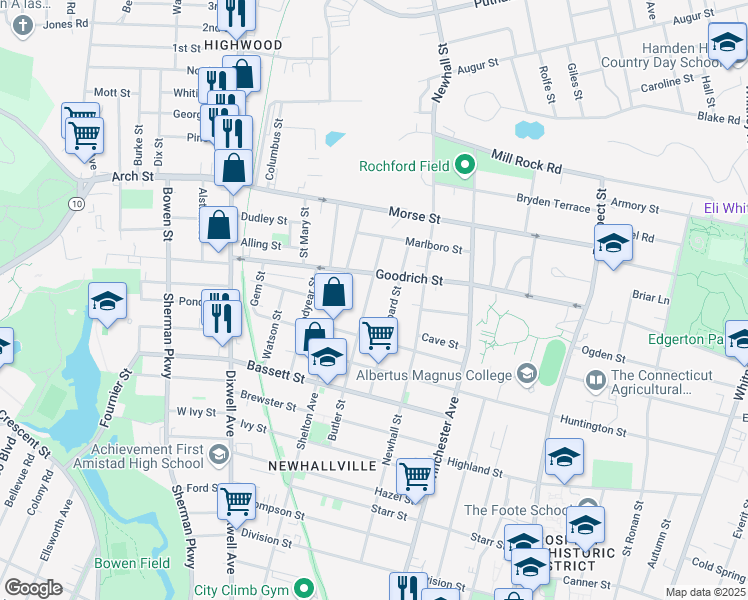 map of restaurants, bars, coffee shops, grocery stores, and more near 92 Shepard Street in New Haven