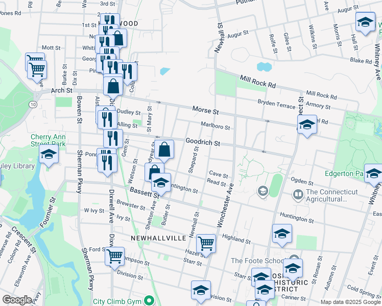 map of restaurants, bars, coffee shops, grocery stores, and more near 108 Shepard Street in New Haven