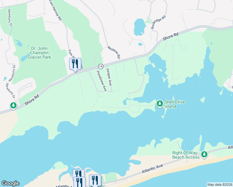 map of restaurants, bars, coffee shops, grocery stores, and more near 13 South Fairway Avenue in Westerly