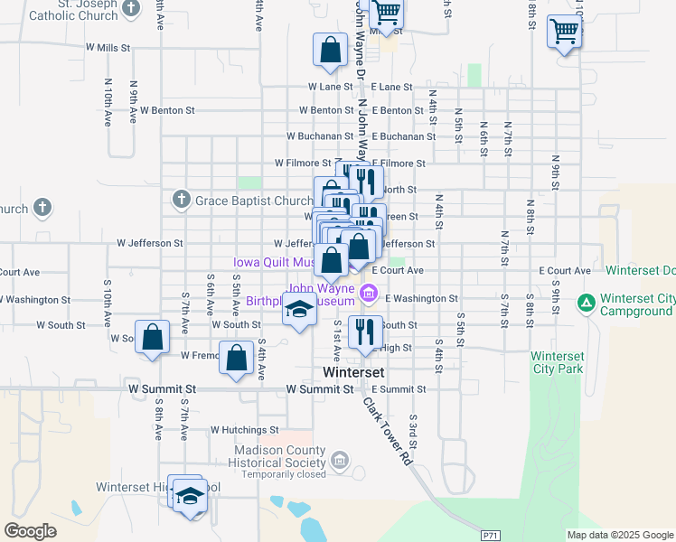 map of restaurants, bars, coffee shops, grocery stores, and more near 102 West Court Avenue in Winterset