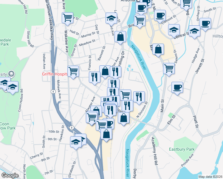 map of restaurants, bars, coffee shops, grocery stores, and more near 11 Cook Street in Ansonia