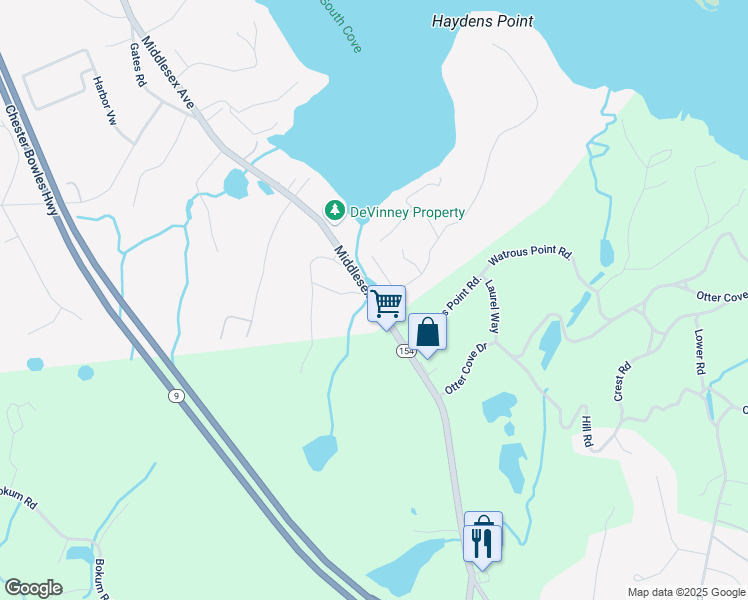 map of restaurants, bars, coffee shops, grocery stores, and more near Middlesex Turnpike & Fordham Road in Essex