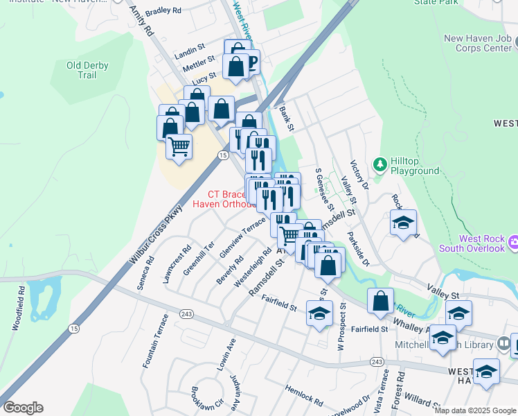 map of restaurants, bars, coffee shops, grocery stores, and more near in New Haven