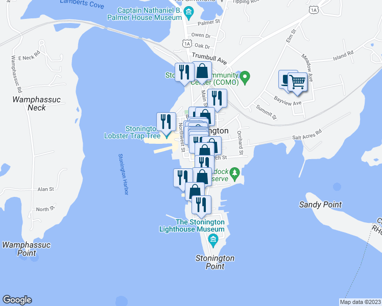 map of restaurants, bars, coffee shops, grocery stores, and more near 9 Grand Street in Stonington