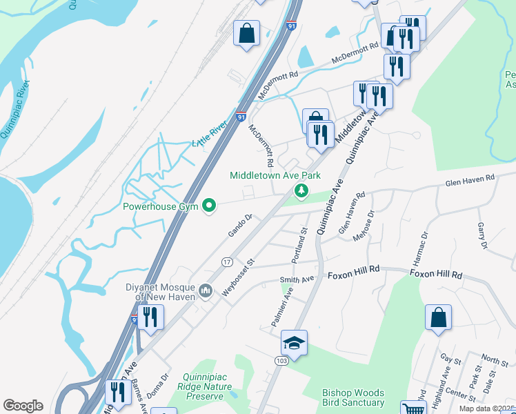 map of restaurants, bars, coffee shops, grocery stores, and more near 191 Gando Drive in New Haven