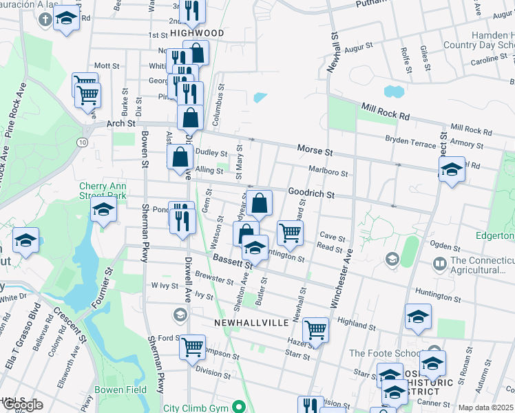 map of restaurants, bars, coffee shops, grocery stores, and more near 89 Goodyear Street in New Haven
