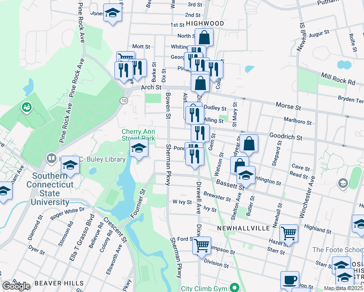 map of restaurants, bars, coffee shops, grocery stores, and more near 18 Pond Street in New Haven