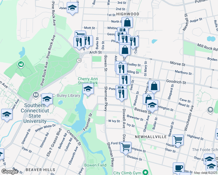 map of restaurants, bars, coffee shops, grocery stores, and more near 58 Pond Street in New Haven