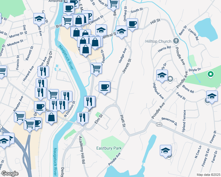 map of restaurants, bars, coffee shops, grocery stores, and more near 52 Platt Street in Ansonia