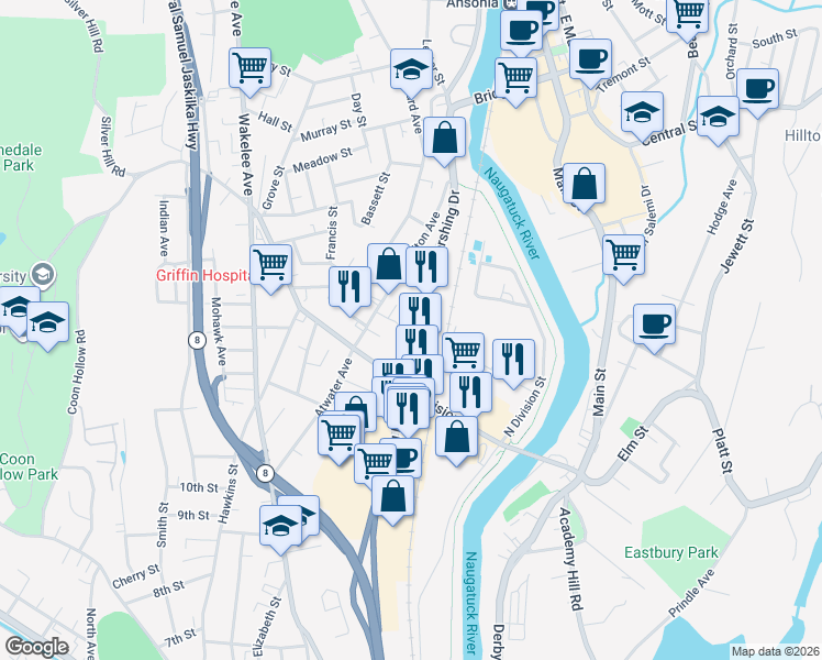 map of restaurants, bars, coffee shops, grocery stores, and more near 11 Cook Street in Ansonia
