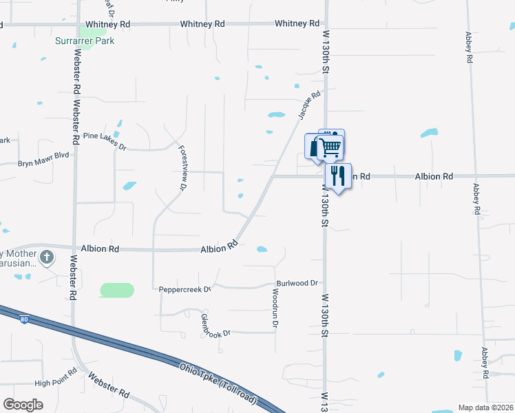 map of restaurants, bars, coffee shops, grocery stores, and more near 13509 Albion Road in Strongsville
