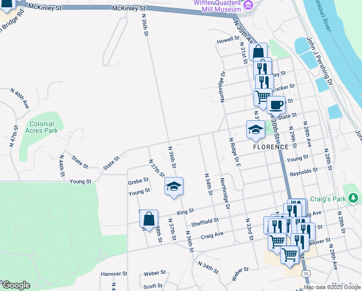 map of restaurants, bars, coffee shops, grocery stores, and more near 3439 State Street in Omaha