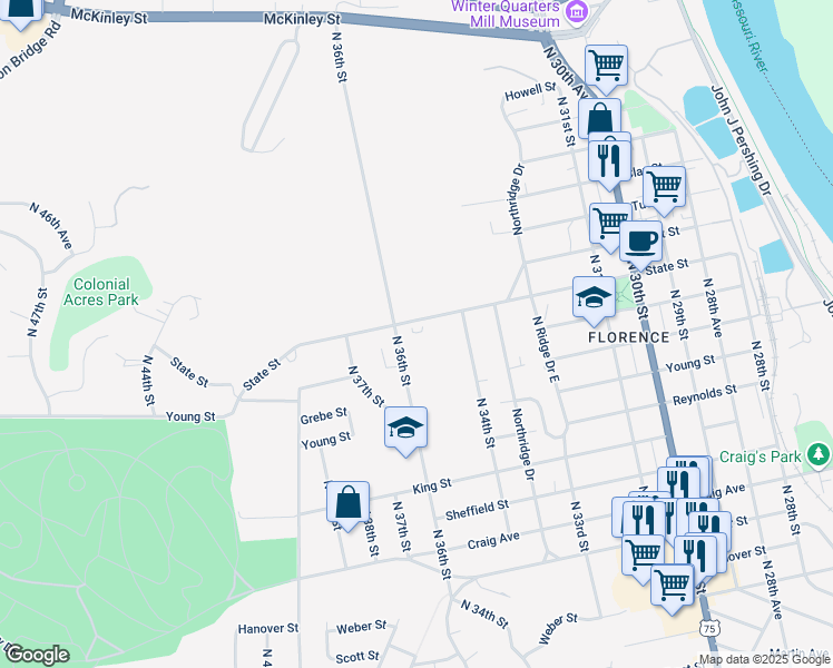 map of restaurants, bars, coffee shops, grocery stores, and more near 8312 North 36th Street in Omaha