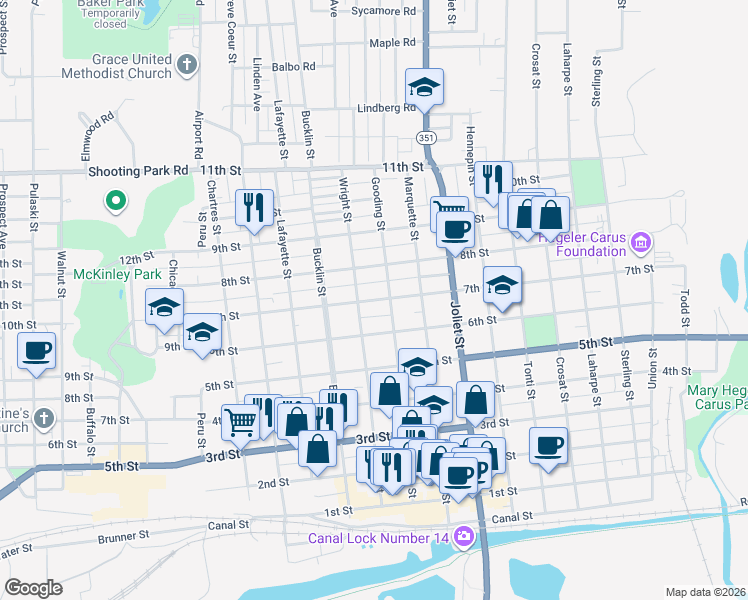 map of restaurants, bars, coffee shops, grocery stores, and more near 638 Wright Street in LaSalle