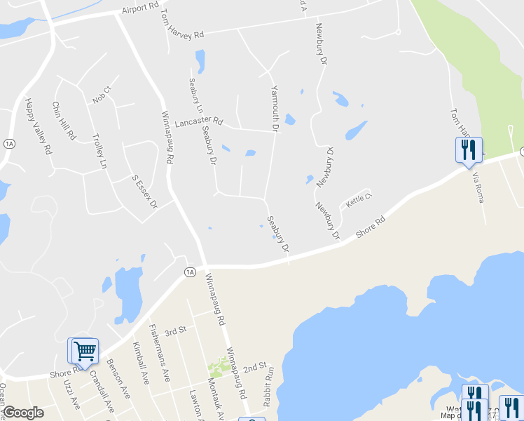 map of restaurants, bars, coffee shops, grocery stores, and more near 6 Seabury Drive in Westerly