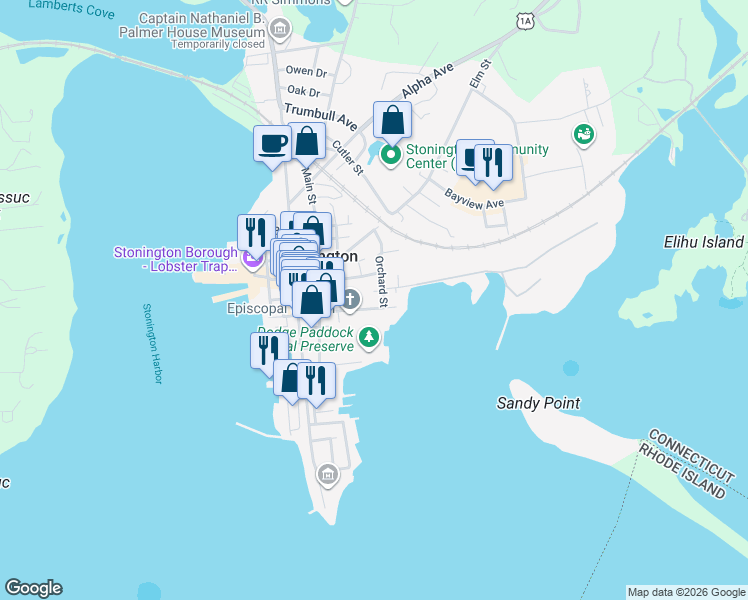 map of restaurants, bars, coffee shops, grocery stores, and more near 50 Church Street in Stonington