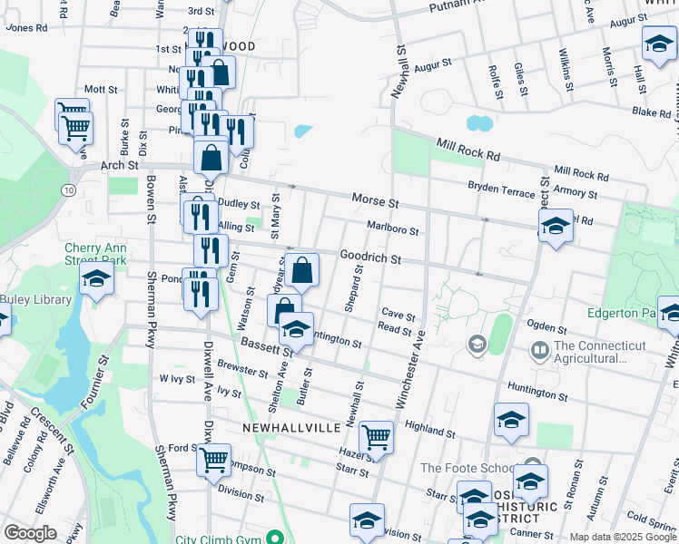map of restaurants, bars, coffee shops, grocery stores, and more near 92 Shepard Street in New Haven