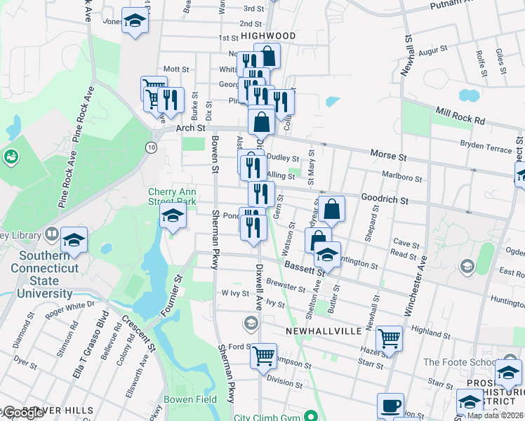 map of restaurants, bars, coffee shops, grocery stores, and more near 765 Dixwell Avenue in New Haven