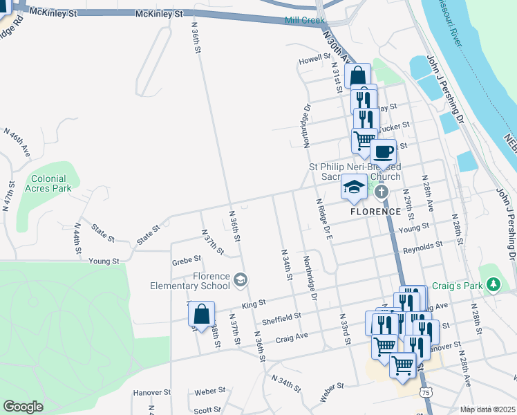 map of restaurants, bars, coffee shops, grocery stores, and more near 8312 North 36th Street in Omaha