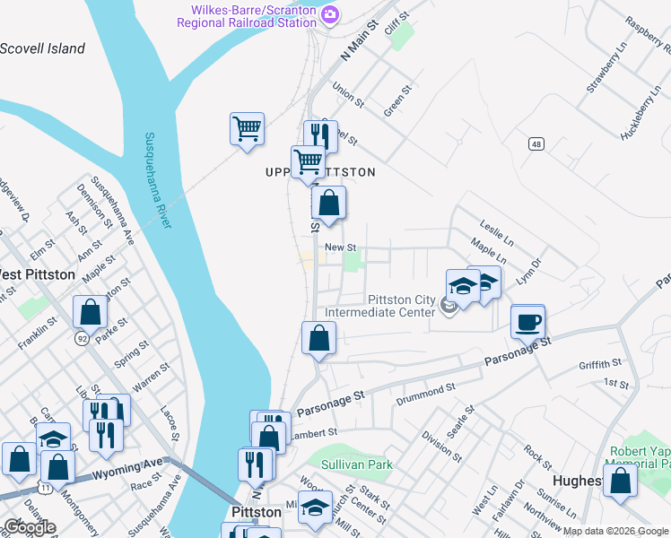 map of restaurants, bars, coffee shops, grocery stores, and more near 3 Benedict Street in Pittston