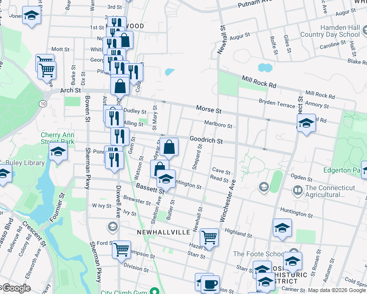 map of restaurants, bars, coffee shops, grocery stores, and more near 174 Butler Street in New Haven
