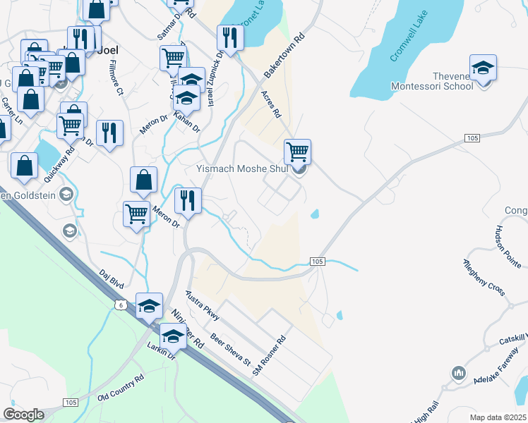 map of restaurants, bars, coffee shops, grocery stores, and more near 14 Hamburg Way in Kiryas Joel
