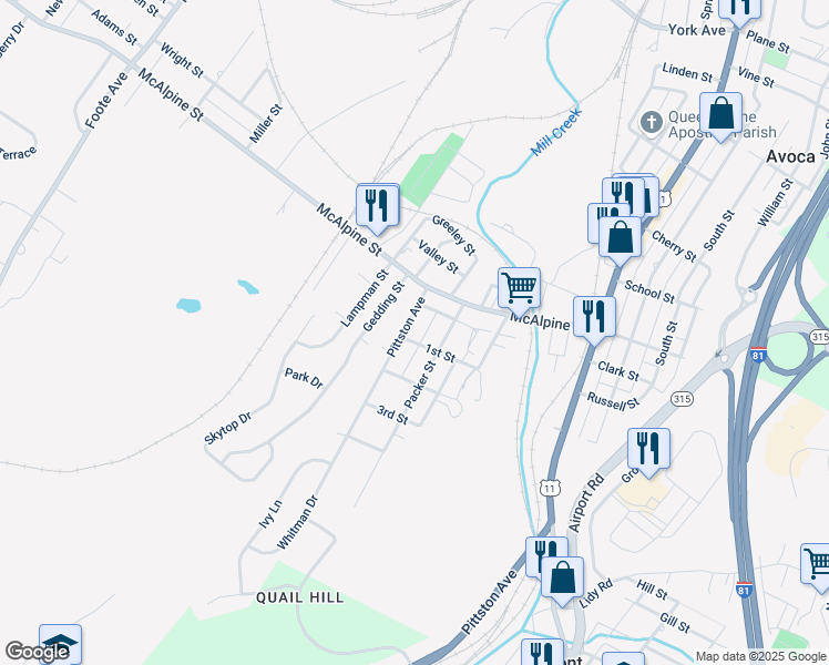 map of restaurants, bars, coffee shops, grocery stores, and more near 315 Pittston Avenue in Avoca