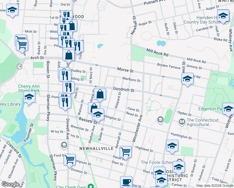 map of restaurants, bars, coffee shops, grocery stores, and more near 92 Shepard Street in New Haven