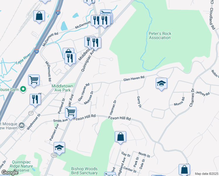 map of restaurants, bars, coffee shops, grocery stores, and more near 44 Oak Ridge Drive in New Haven